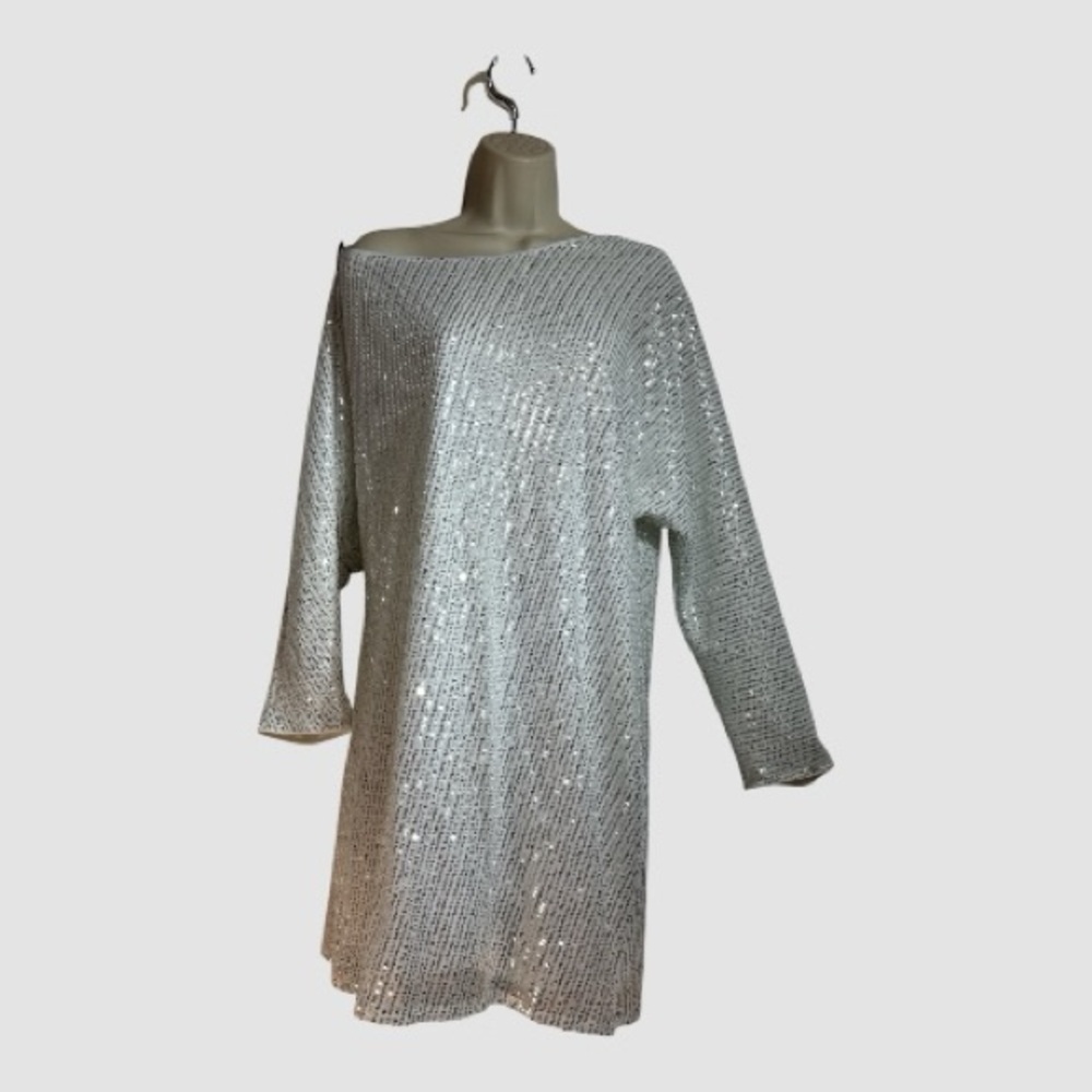 All Glitter and Glam Sexy White With Silver Sequins Mini Dress Long Sleeve XL
